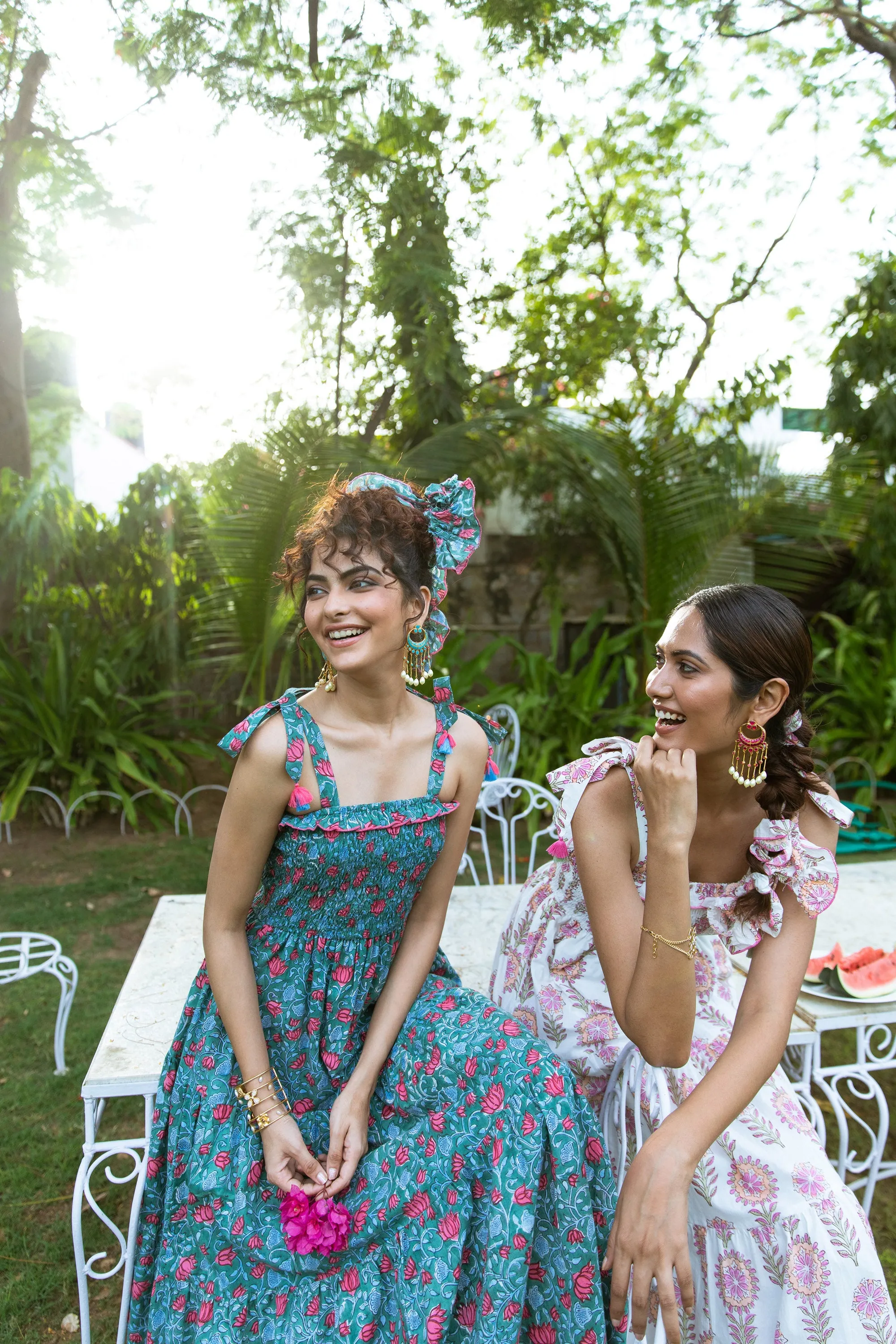 DIYA BLOCK PRINT COTTON SUMMER DRESS  - GREEN & PINK LOTUS