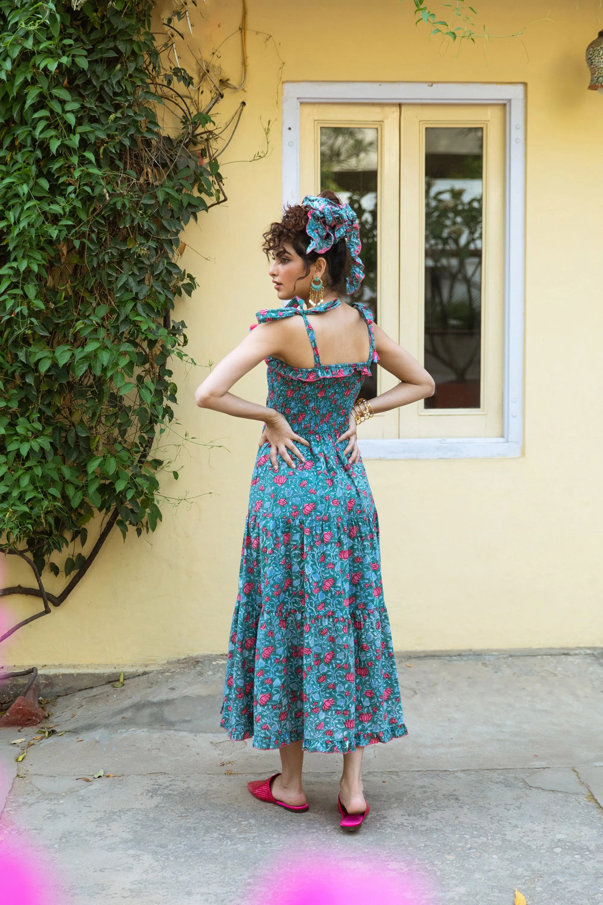DIYA BLOCK PRINT COTTON SUMMER DRESS  - GREEN & PINK LOTUS