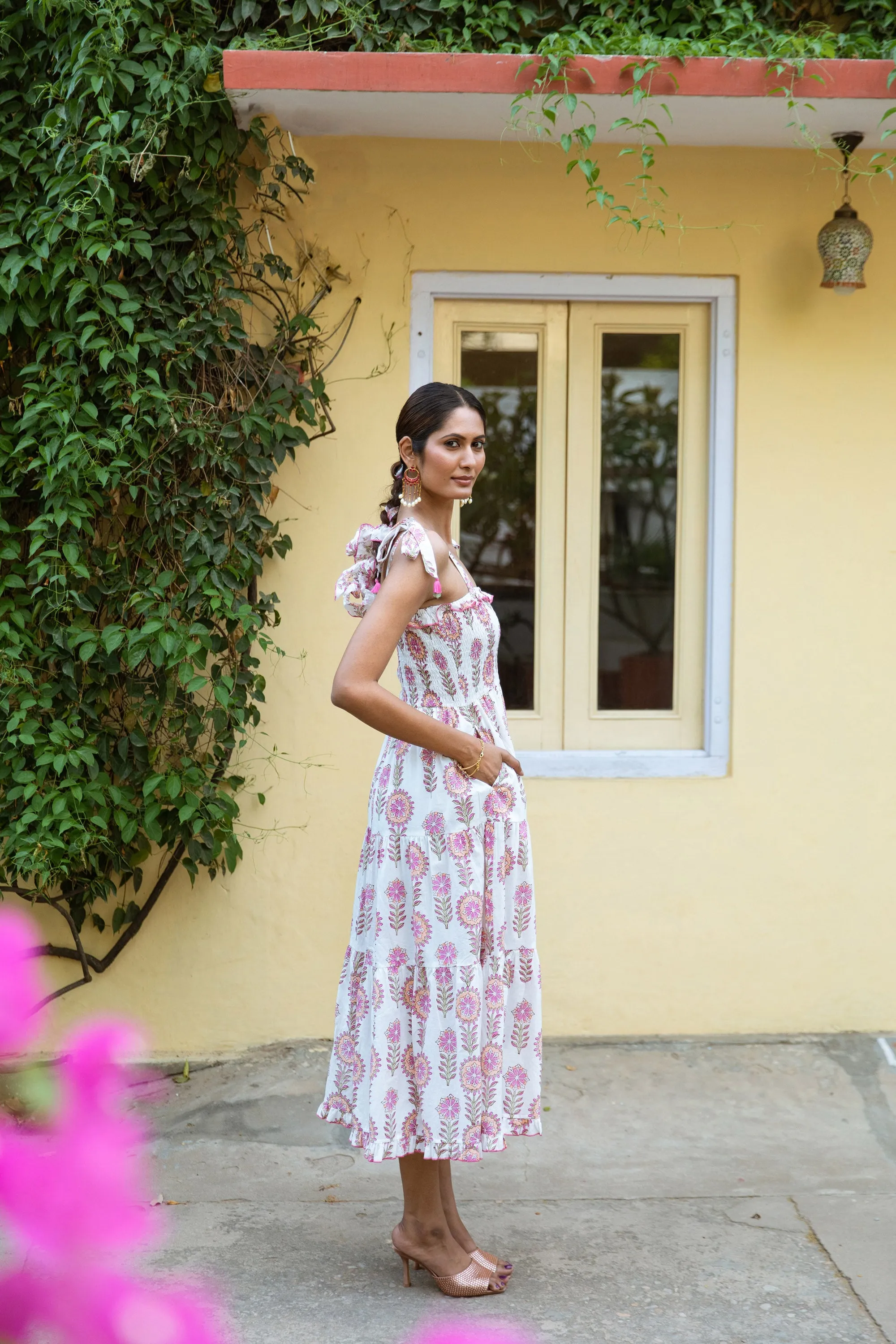 DIYA BLOCK PRINT COTTON SUMMER DRESS  - WHITE & PINK FLORAL
