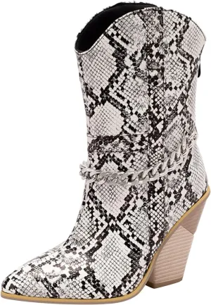 DIYCAM Women's Snakeskin Chunky High Heels Booties Pointed Toe Block Heel Snake Print Ankle Boots Fashion Low Block Heel Ankle Boots Snake Skin Print Ankle Boots Booties for Women