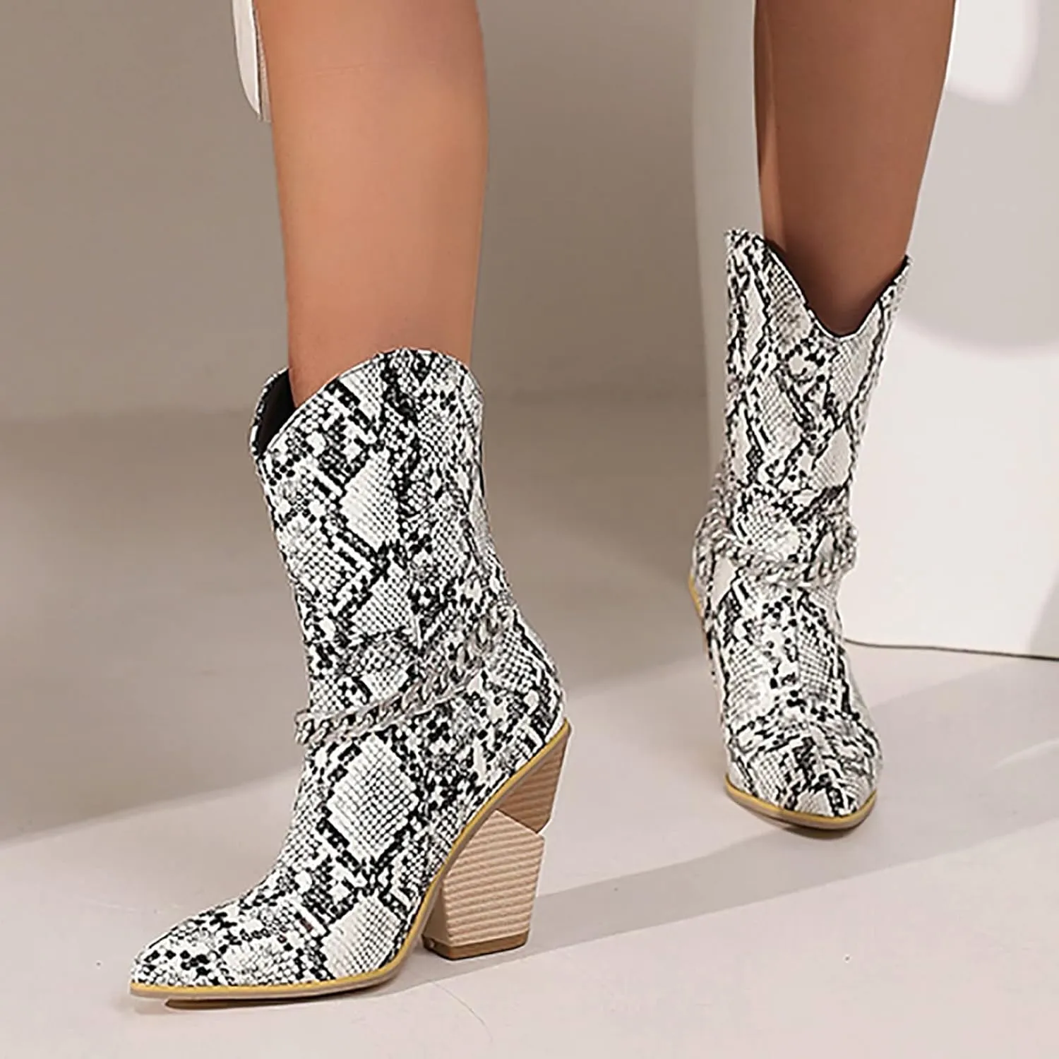 DIYCAM Women's Snakeskin Chunky High Heels Booties Pointed Toe Block Heel Snake Print Ankle Boots Fashion Low Block Heel Ankle Boots Snake Skin Print Ankle Boots Booties for Women