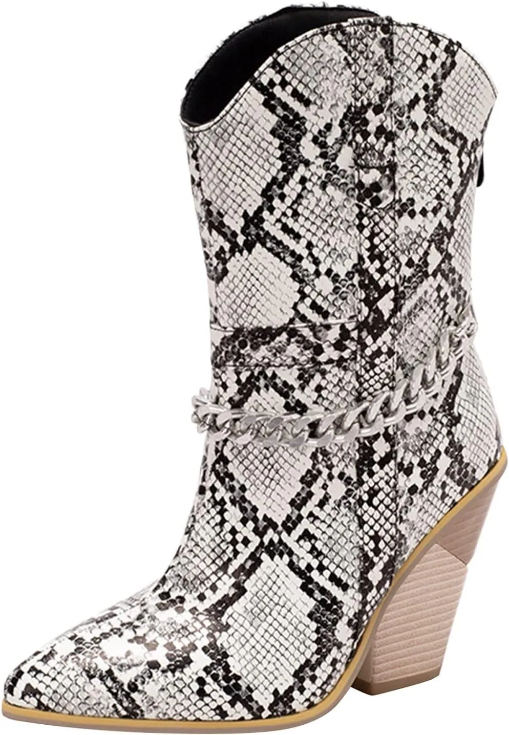 DIYCAM Women's Snakeskin Chunky High Heels Booties Pointed Toe Block Heel Snake Print Ankle Boots Fashion Low Block Heel Ankle Boots Snake Skin Print Ankle Boots Booties for Women