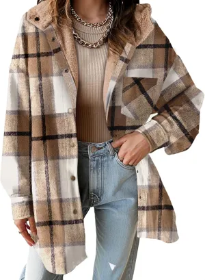 Dokotoo Women's Flannel Hooded Plaid 2024 Shacket Thick Coat Winter Coat for Warmth Button down Warm and Fuzzy Fleece Jacket