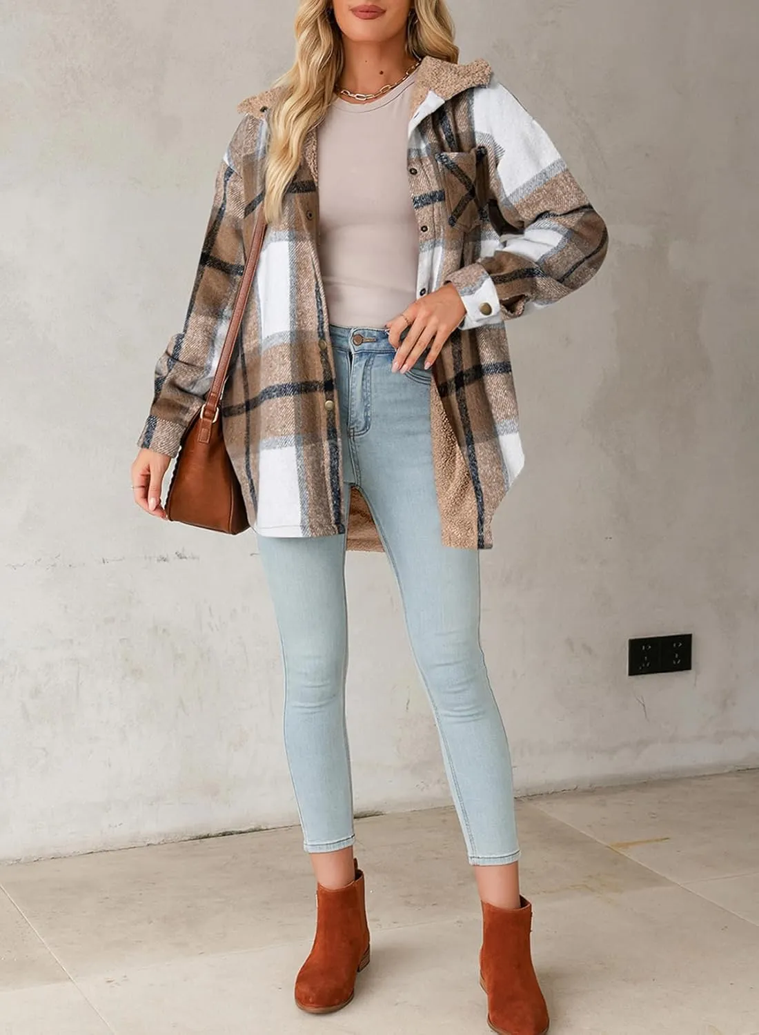 Dokotoo Women's Flannel Hooded Plaid 2024 Shacket Thick Coat Winter Coat for Warmth Button down Warm and Fuzzy Fleece Jacket