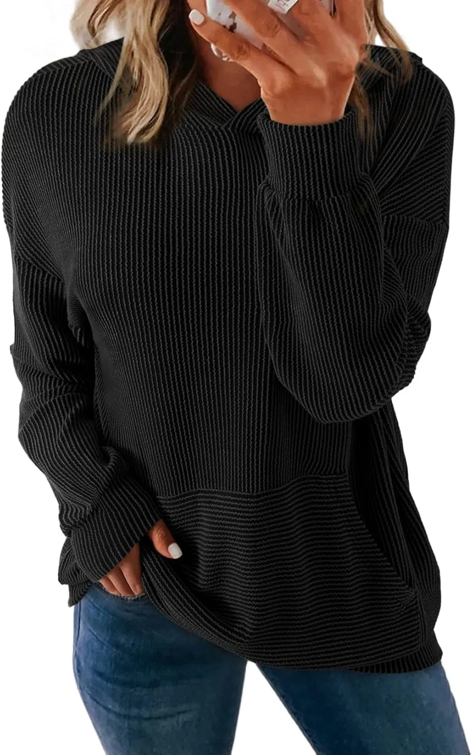 Dokotoo Women's Pullover Hoodies Sweatshirts Casual Loose Long Sleeve Ribbed Knit Shirts