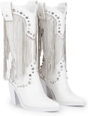 Dolls Kill Present Perfect Cowboy Boots by Sugar Thrillz - Vegan Leather Footwear With Rhinestone Fringe and Jewel Studs