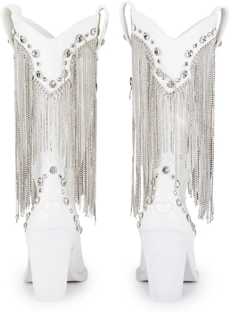 Dolls Kill Present Perfect Cowboy Boots by Sugar Thrillz - Vegan Leather Footwear With Rhinestone Fringe and Jewel Studs