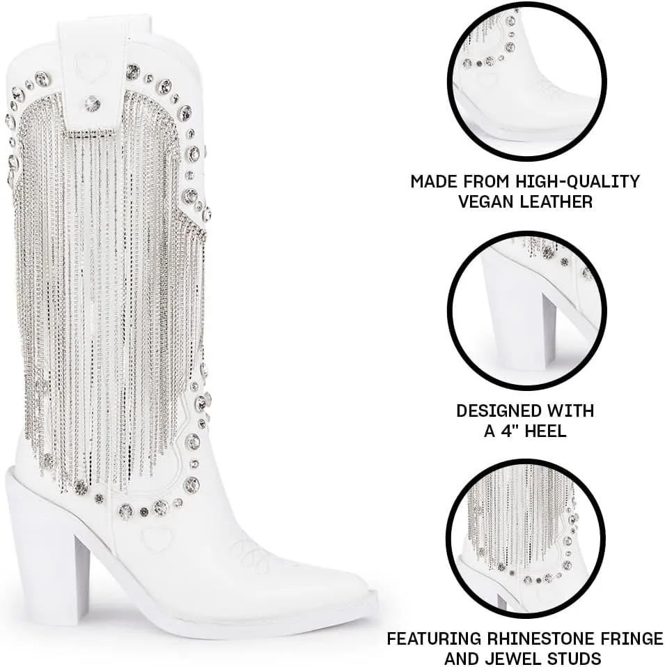 Dolls Kill Present Perfect Cowboy Boots by Sugar Thrillz - Vegan Leather Footwear With Rhinestone Fringe and Jewel Studs