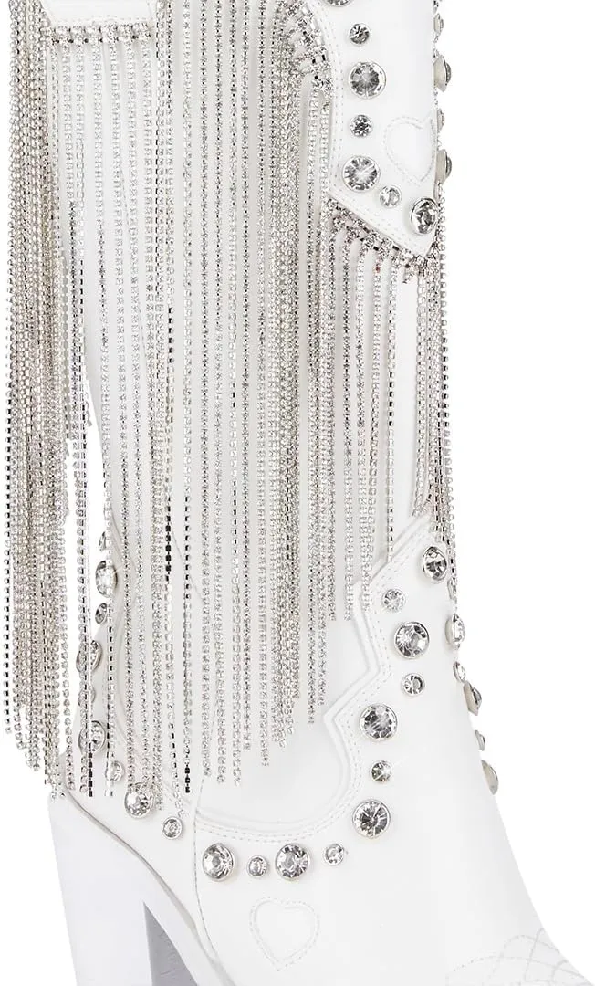 Dolls Kill Present Perfect Cowboy Boots by Sugar Thrillz - Vegan Leather Footwear With Rhinestone Fringe and Jewel Studs