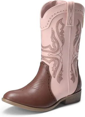 DREAM PAIRS Cowgirl Boots for Girls Boys Cowboy Boots Kids Western Embroidered Mid Calf Riding Shoes with Walking Heel Toddler/Little Kid/Big Kid