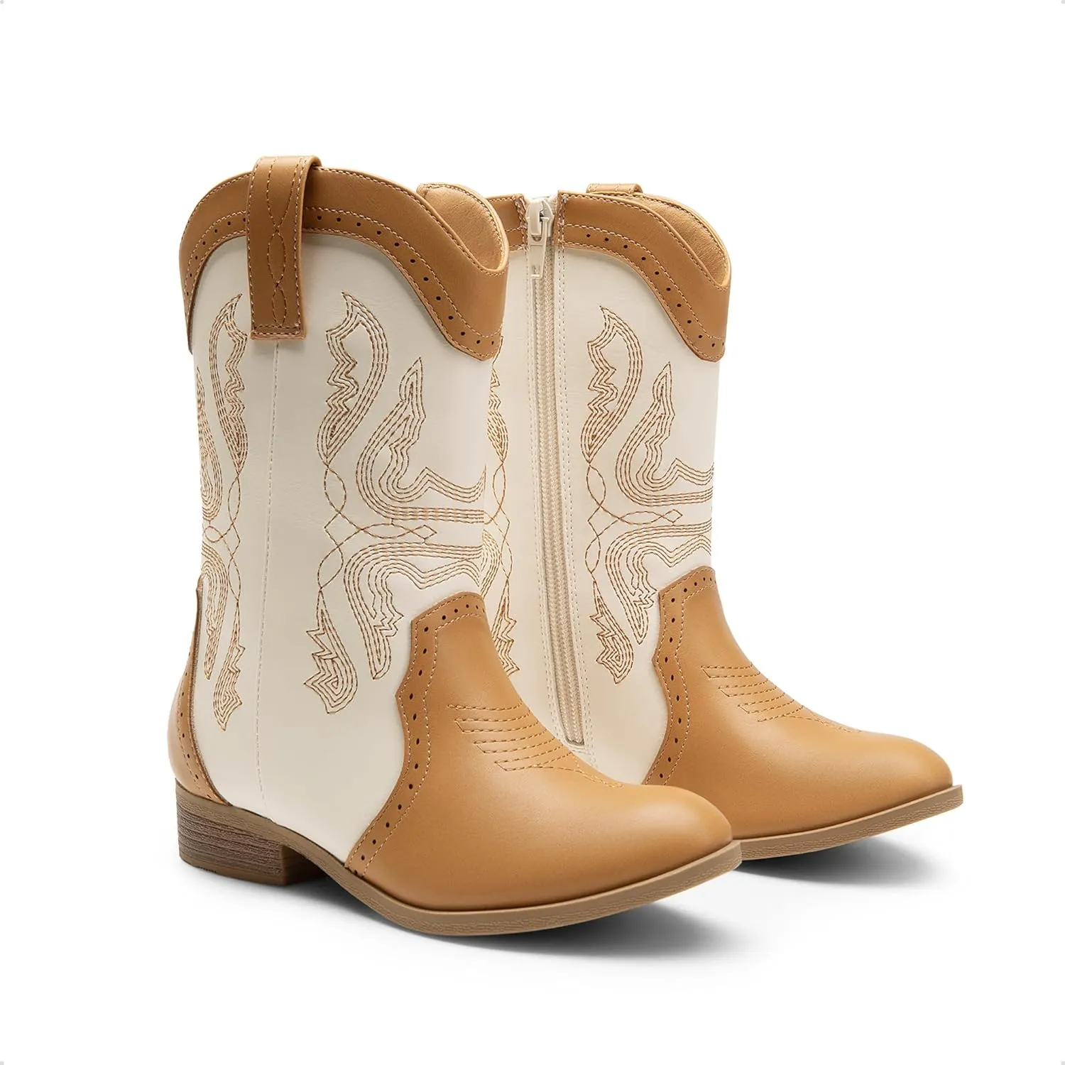 DREAM PAIRS Cowgirl Boots for Girls Boys Cowboy Boots Kids Western Embroidered Mid Calf Riding Shoes with Walking Heel Toddler/Little Kid/Big Kid