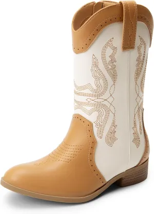 DREAM PAIRS Cowgirl Boots for Girls Boys Cowboy Boots Kids Western Embroidered Mid Calf Riding Shoes with Walking Heel Toddler/Little Kid/Big Kid
