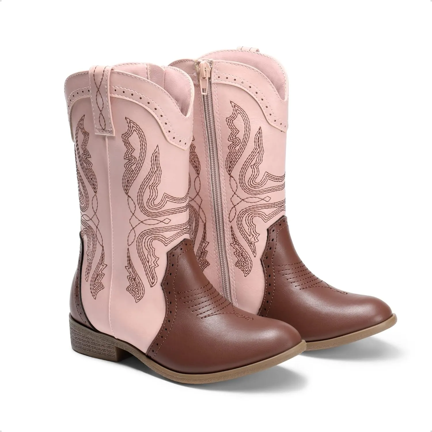 DREAM PAIRS Cowgirl Boots for Girls Boys Cowboy Boots Kids Western Embroidered Mid Calf Riding Shoes with Walking Heel Toddler/Little Kid/Big Kid