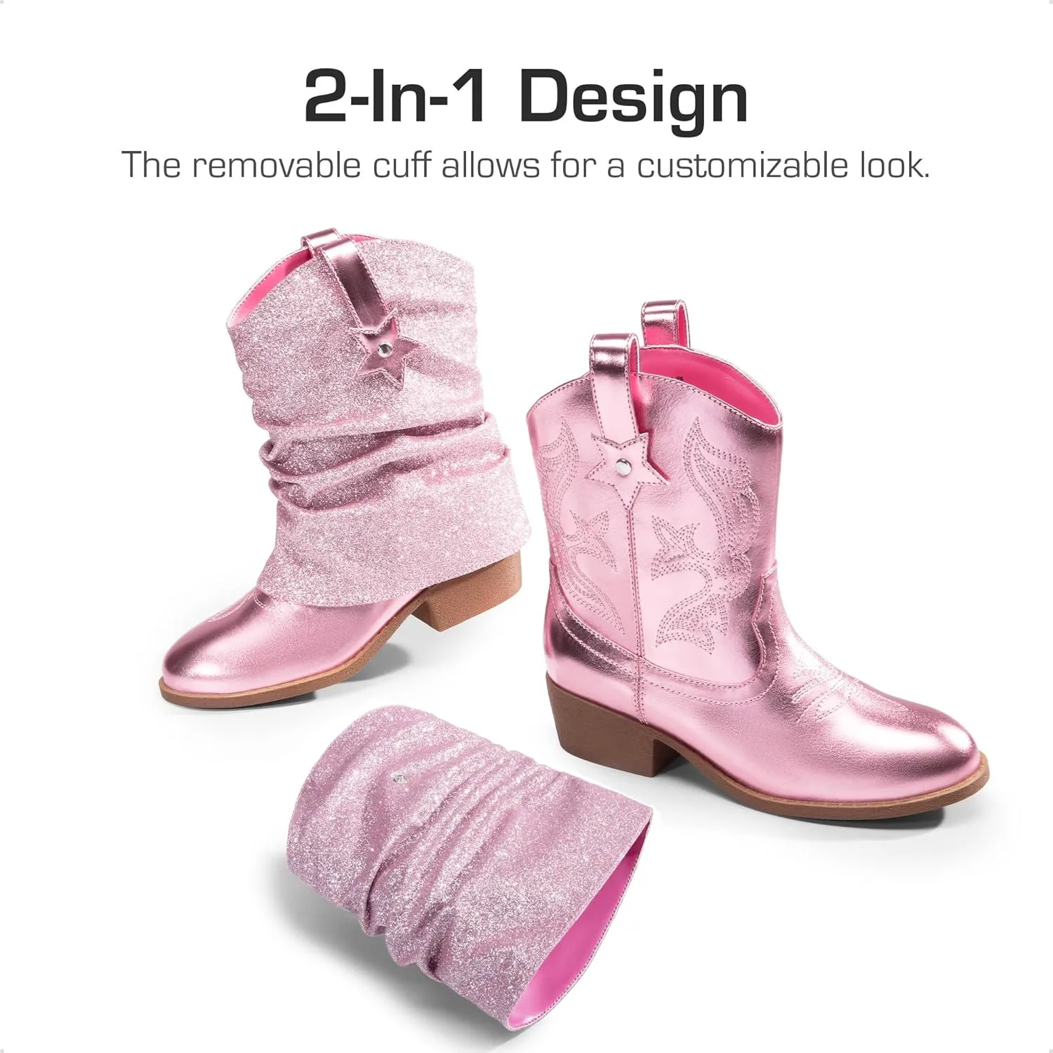 DREAM PAIRS Girls Cowboy Cowgirl Boots 2-in-1 Western Removable Cuff Fold Over Embroidered Fashion Mid Calf Shoes