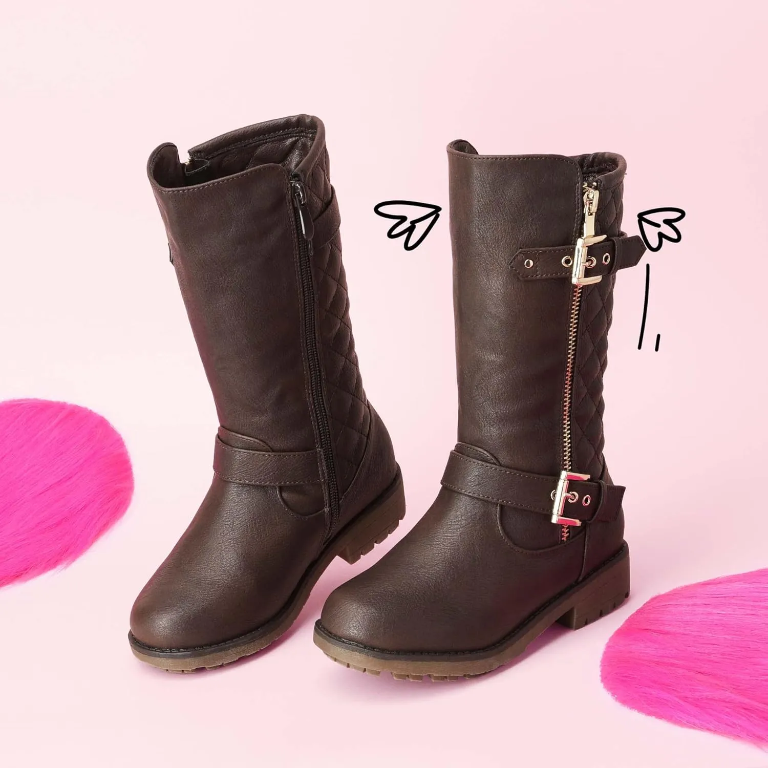 DREAM PAIRS Girls Knee High Winter Motorcycle Riding Boots