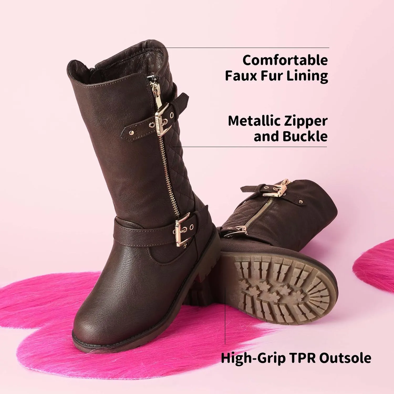 DREAM PAIRS Girls Knee High Winter Motorcycle Riding Boots