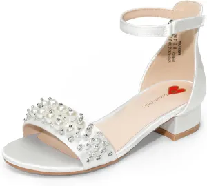 DREAM PAIRS Girls Sandals Low Heel Pump Ankle Strap Pearl Dress Flower Wedding Party Shoes for Little Kid/Big Kid