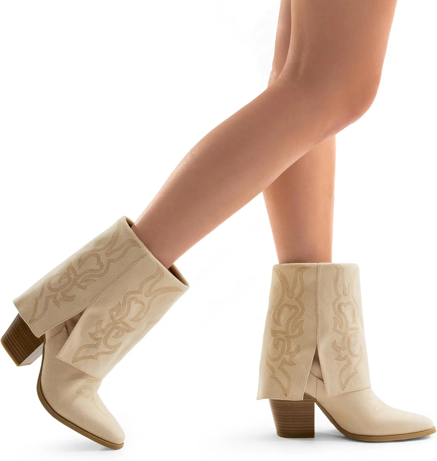 DREAM PAIRS Womens Cowboy Boots, Fold Over Pull On 3.14 Inch Chunky Heel Pointed Toe Embroidered Western Cowgirl Fashion Mid Calf Boots