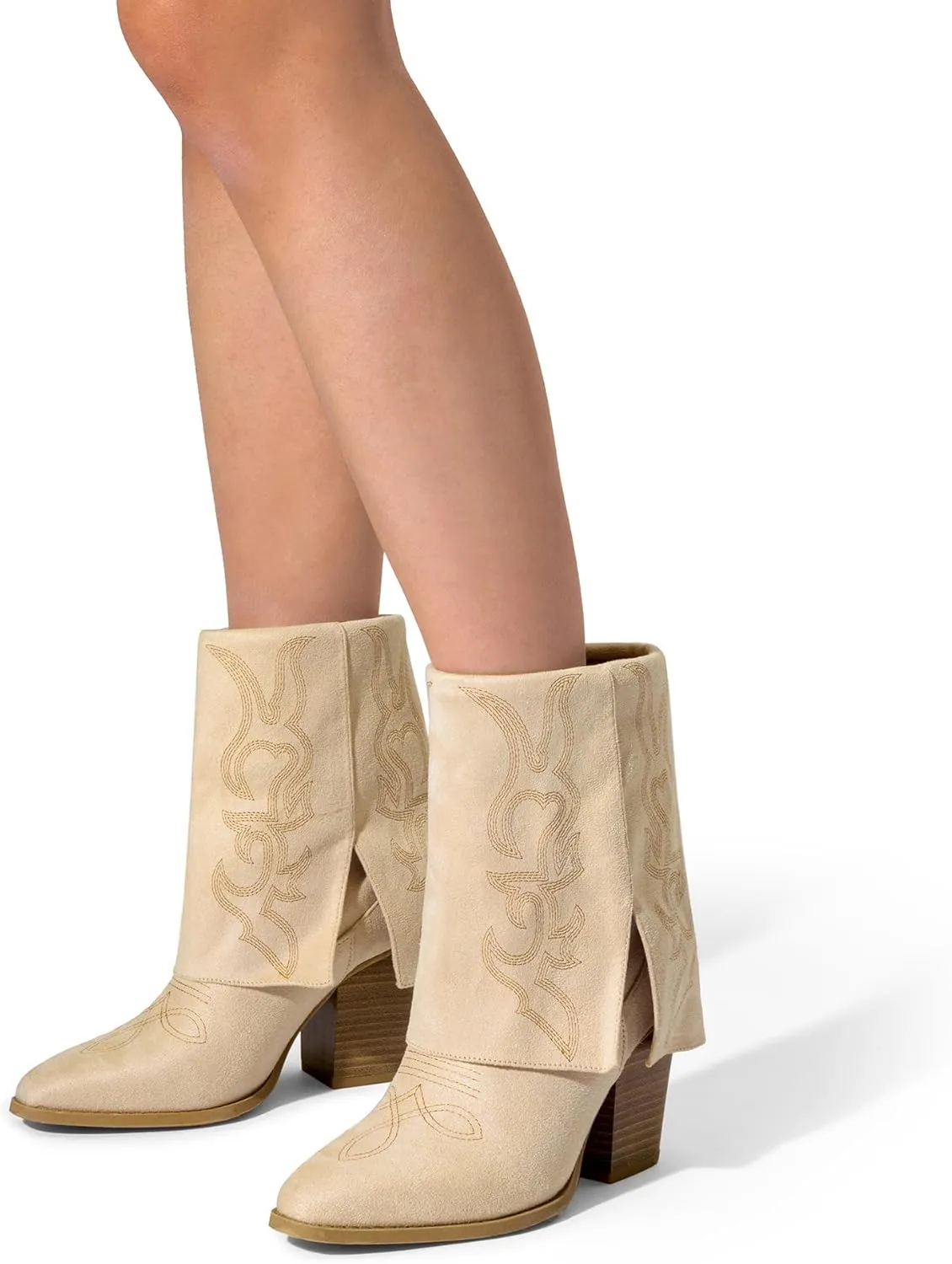 DREAM PAIRS Womens Cowboy Boots, Fold Over Pull On 3.14 Inch Chunky Heel Pointed Toe Embroidered Western Cowgirl Fashion Mid Calf Boots