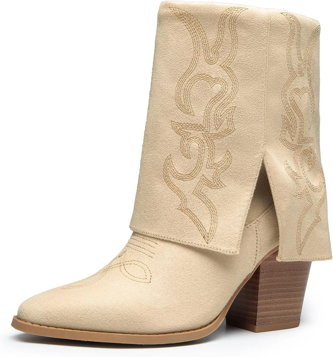 DREAM PAIRS Womens Cowboy Boots, Fold Over Pull On 3.14 Inch Chunky Heel Pointed Toe Embroidered Western Cowgirl Fashion Mid Calf Boots