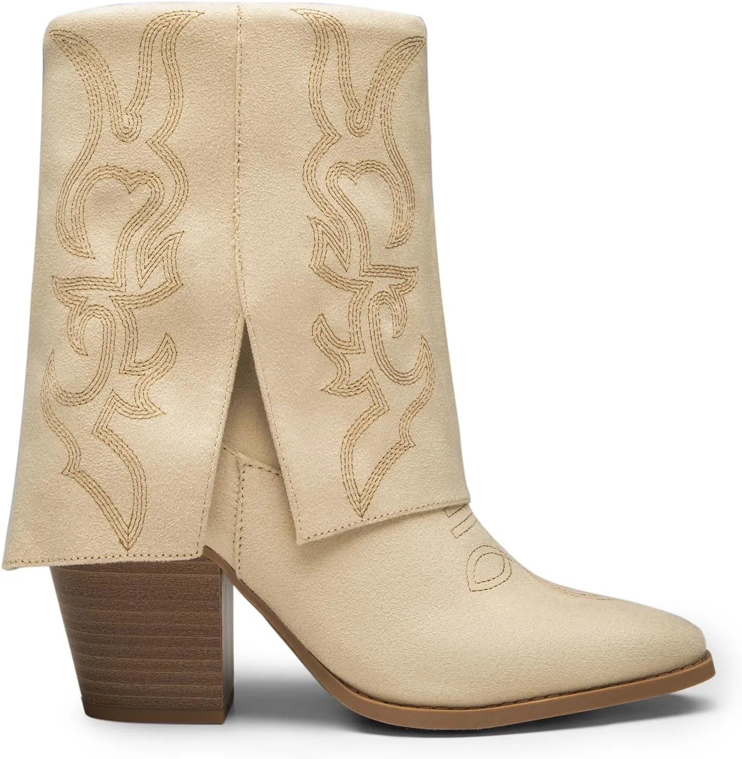 DREAM PAIRS Womens Cowboy Boots, Fold Over Pull On 3.14 Inch Chunky Heel Pointed Toe Embroidered Western Cowgirl Fashion Mid Calf Boots