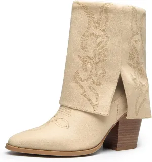 DREAM PAIRS Womens Cowboy Boots, Fold Over Pull On 3.14 Inch Chunky Heel Pointed Toe Embroidered Western Cowgirl Fashion Mid Calf Boots