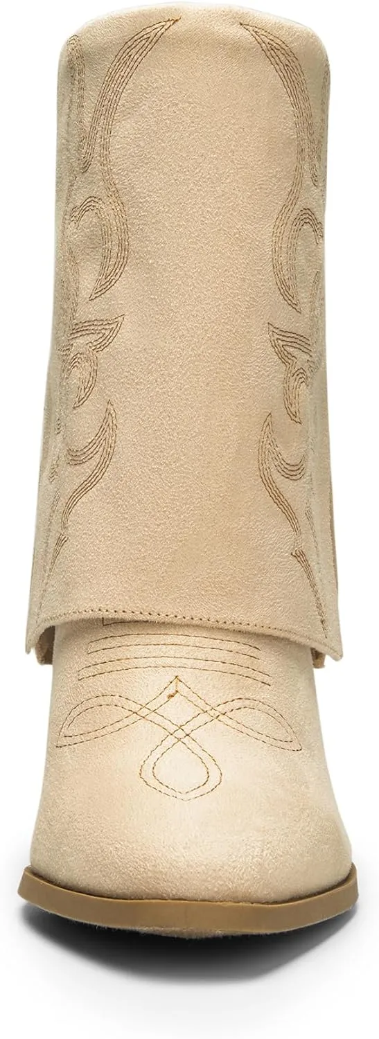 DREAM PAIRS Womens Cowboy Boots, Fold Over Pull On 3.14 Inch Chunky Heel Pointed Toe Embroidered Western Cowgirl Fashion Mid Calf Boots