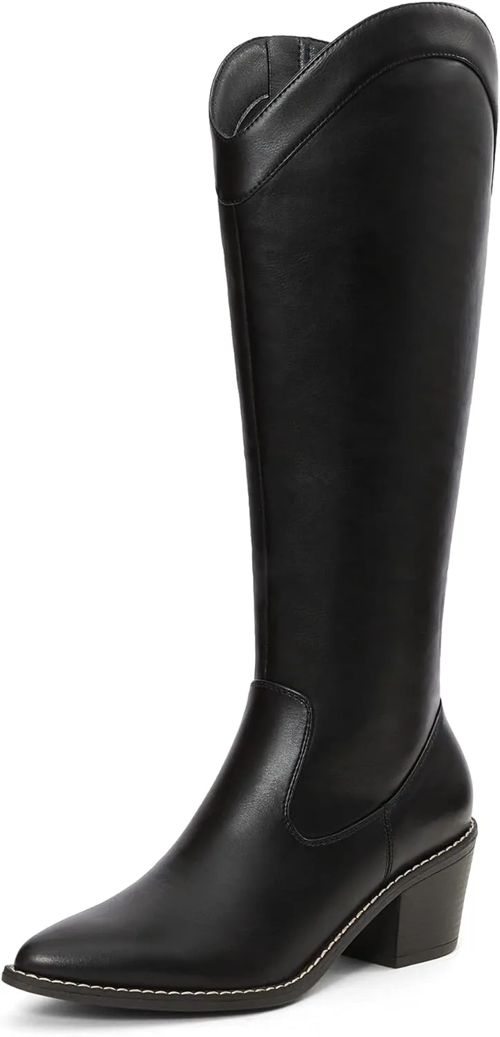 DREAM PAIRS Womens Cowboy Boots, Western Cowgirl Pull On Zipper Chunky Heel Pointed Toe Knee High Boots