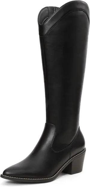 DREAM PAIRS Womens Cowboy Boots, Western Cowgirl Pull On Zipper Chunky Heel Pointed Toe Knee High Boots