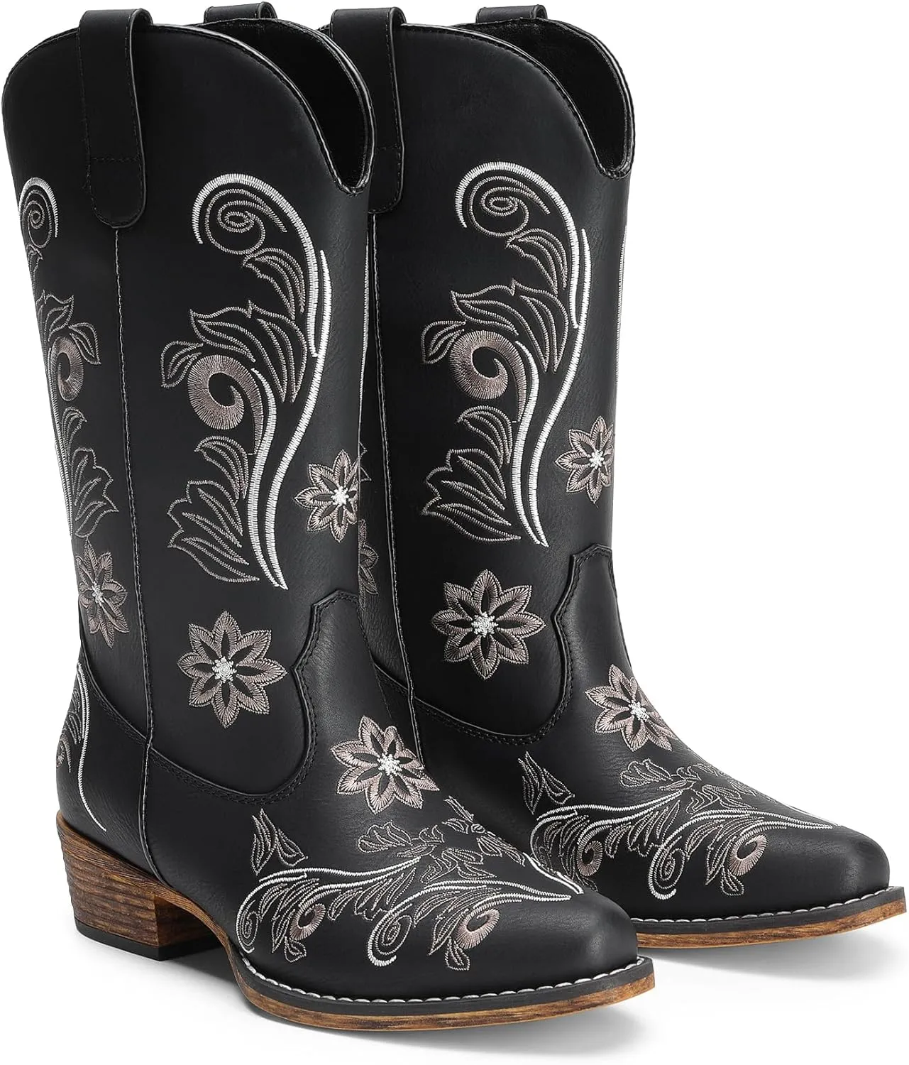 DREAM PAIRS Women's Cowboy Cowgirl Western Mid Calf Boots, Square Toe Embroidered Stitched Pull On Country Boots with Low Chunky Heel