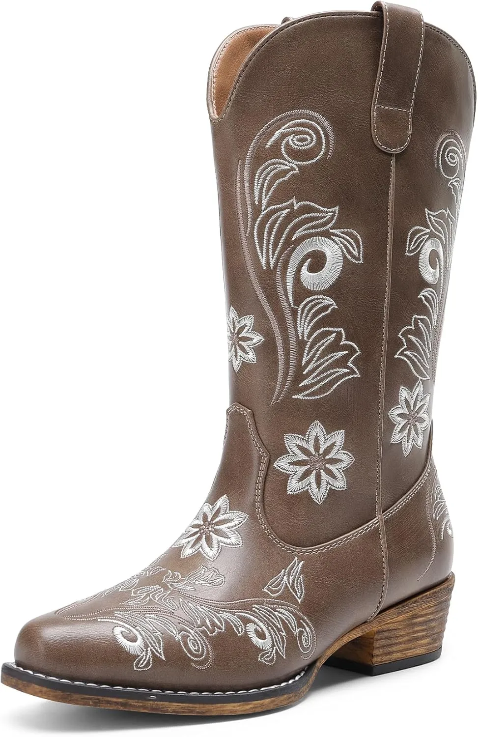 DREAM PAIRS Women's Cowboy Cowgirl Western Mid Calf Boots, Square Toe Embroidered Stitched Pull On Country Boots with Low Chunky Heel