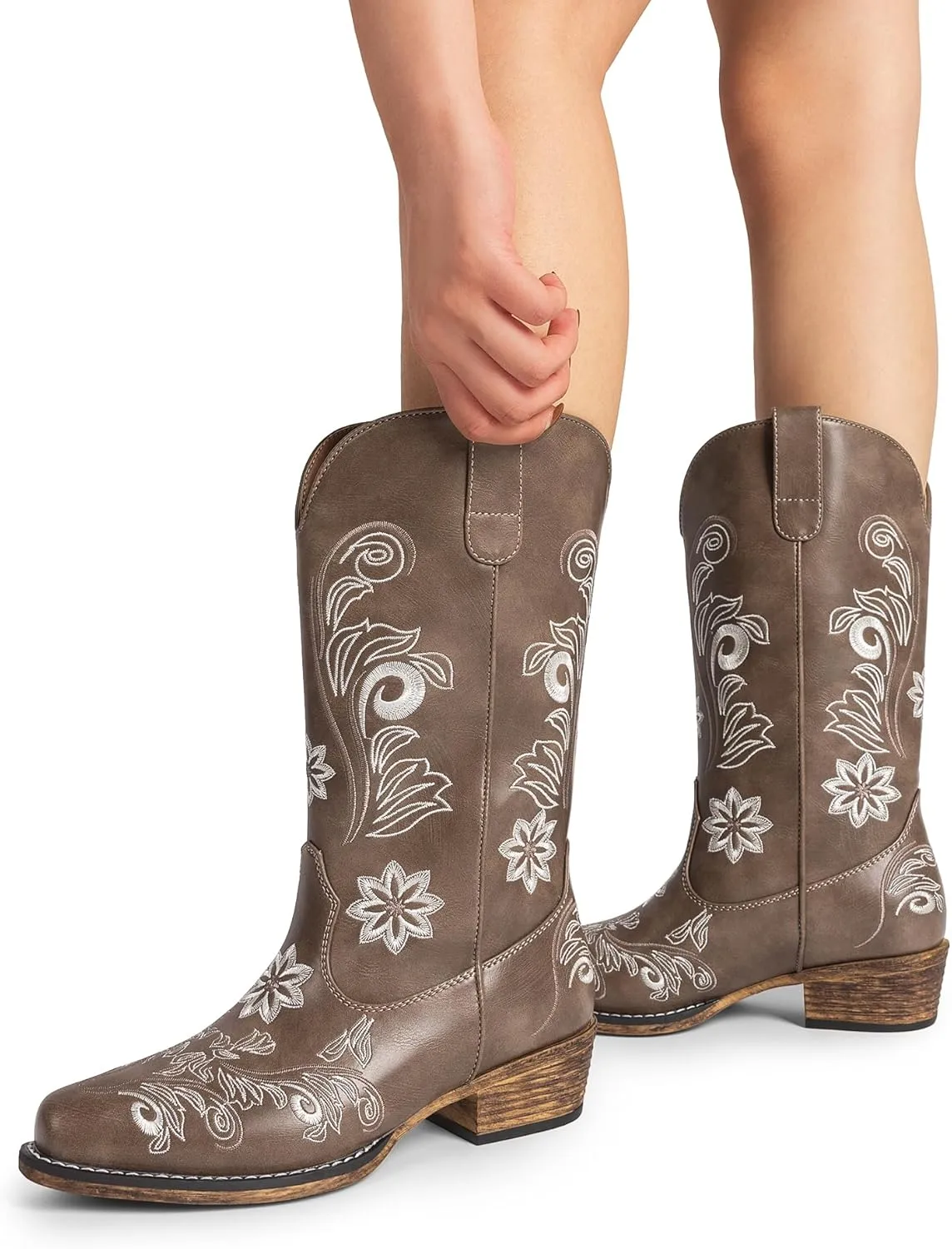 DREAM PAIRS Women's Cowboy Cowgirl Western Mid Calf Boots, Square Toe Embroidered Stitched Pull On Country Boots with Low Chunky Heel