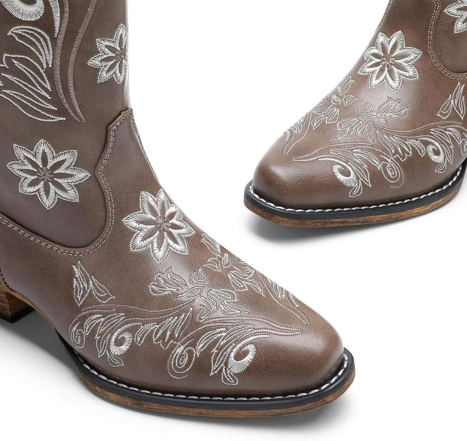 DREAM PAIRS Women's Cowboy Cowgirl Western Mid Calf Boots, Square Toe Embroidered Stitched Pull On Country Boots with Low Chunky Heel