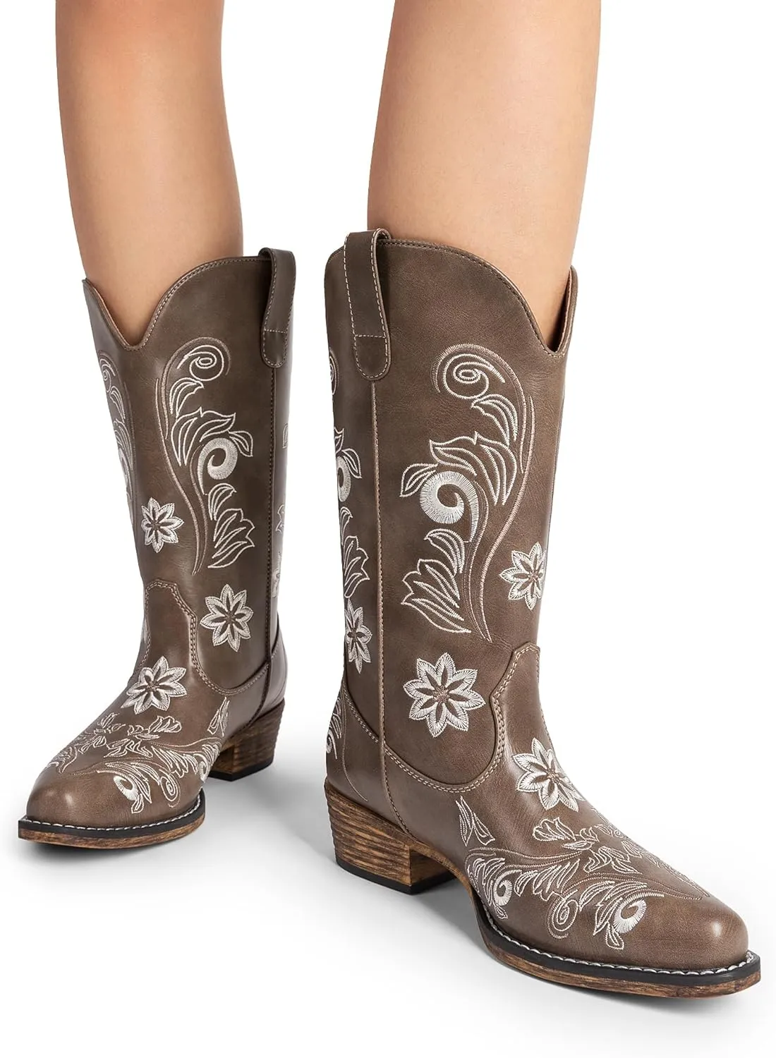 DREAM PAIRS Women's Cowboy Cowgirl Western Mid Calf Boots, Square Toe Embroidered Stitched Pull On Country Boots with Low Chunky Heel