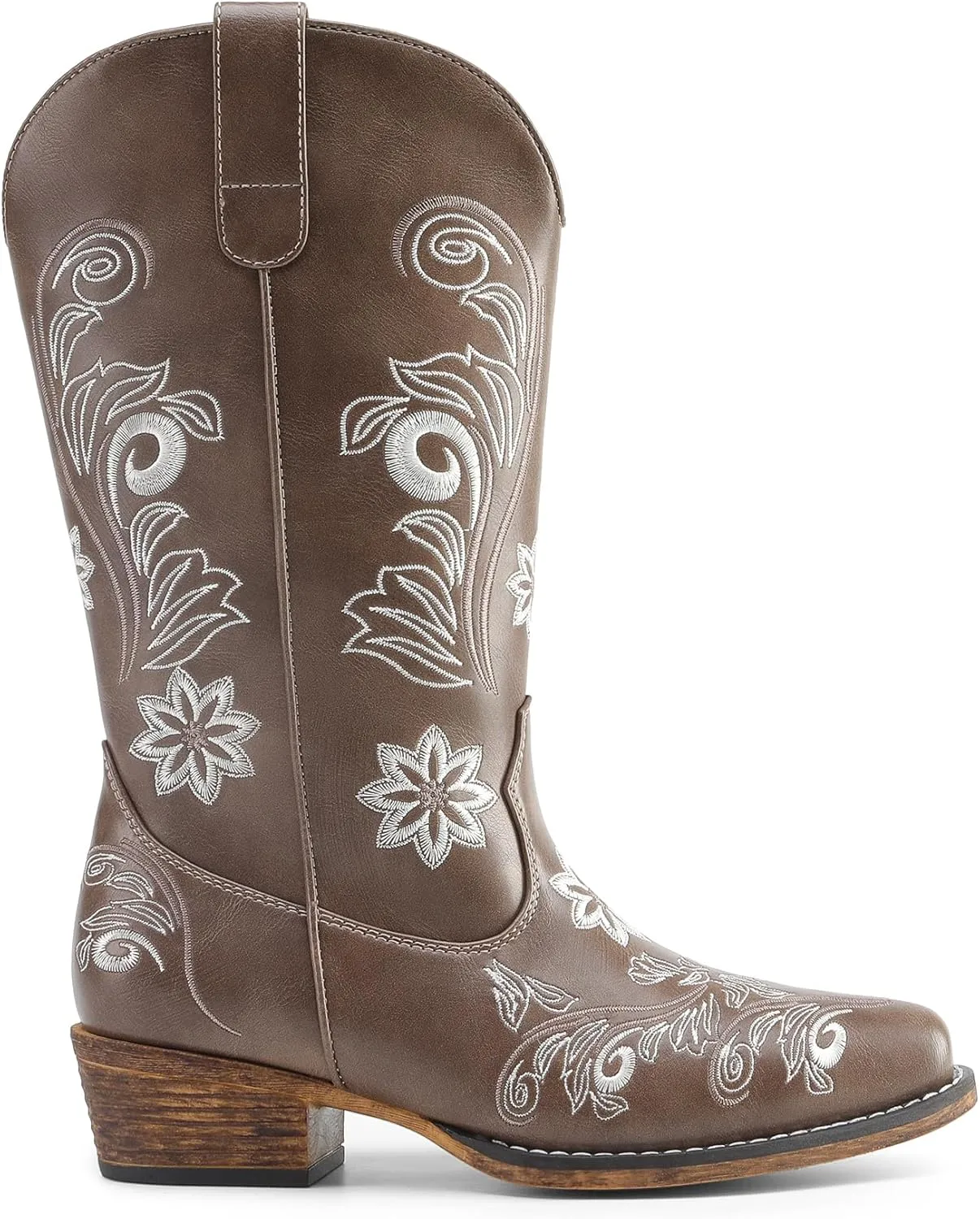 DREAM PAIRS Women's Cowboy Cowgirl Western Mid Calf Boots, Square Toe Embroidered Stitched Pull On Country Boots with Low Chunky Heel