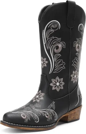 DREAM PAIRS Women's Cowboy Cowgirl Western Mid Calf Boots, Square Toe Embroidered Stitched Pull On Country Boots with Low Chunky Heel