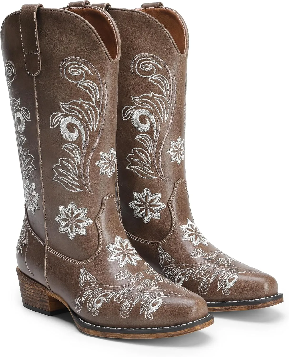 DREAM PAIRS Women's Cowboy Cowgirl Western Mid Calf Boots, Square Toe Embroidered Stitched Pull On Country Boots with Low Chunky Heel