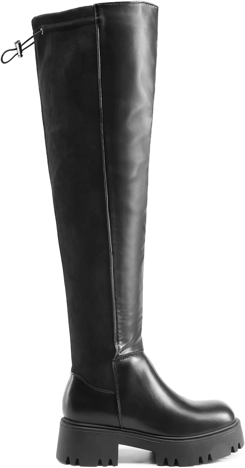 DREAM PAIRS Women's Platform Over The Knee Boots Lug Sole Round Toe Thigh High Long Chunky Block Heels Fall Boots