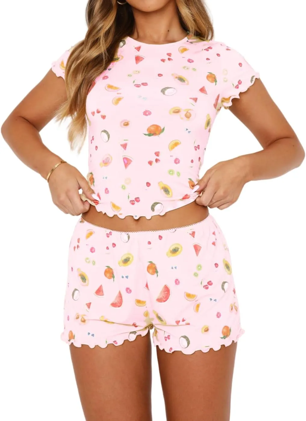 Dressmine Womens Pajamas Set 2 Piece Sets Casual Y2k Short Sleeve Tops Lounge Outfit 2025 Summer PJ Shorts Cute Clothing Sets
