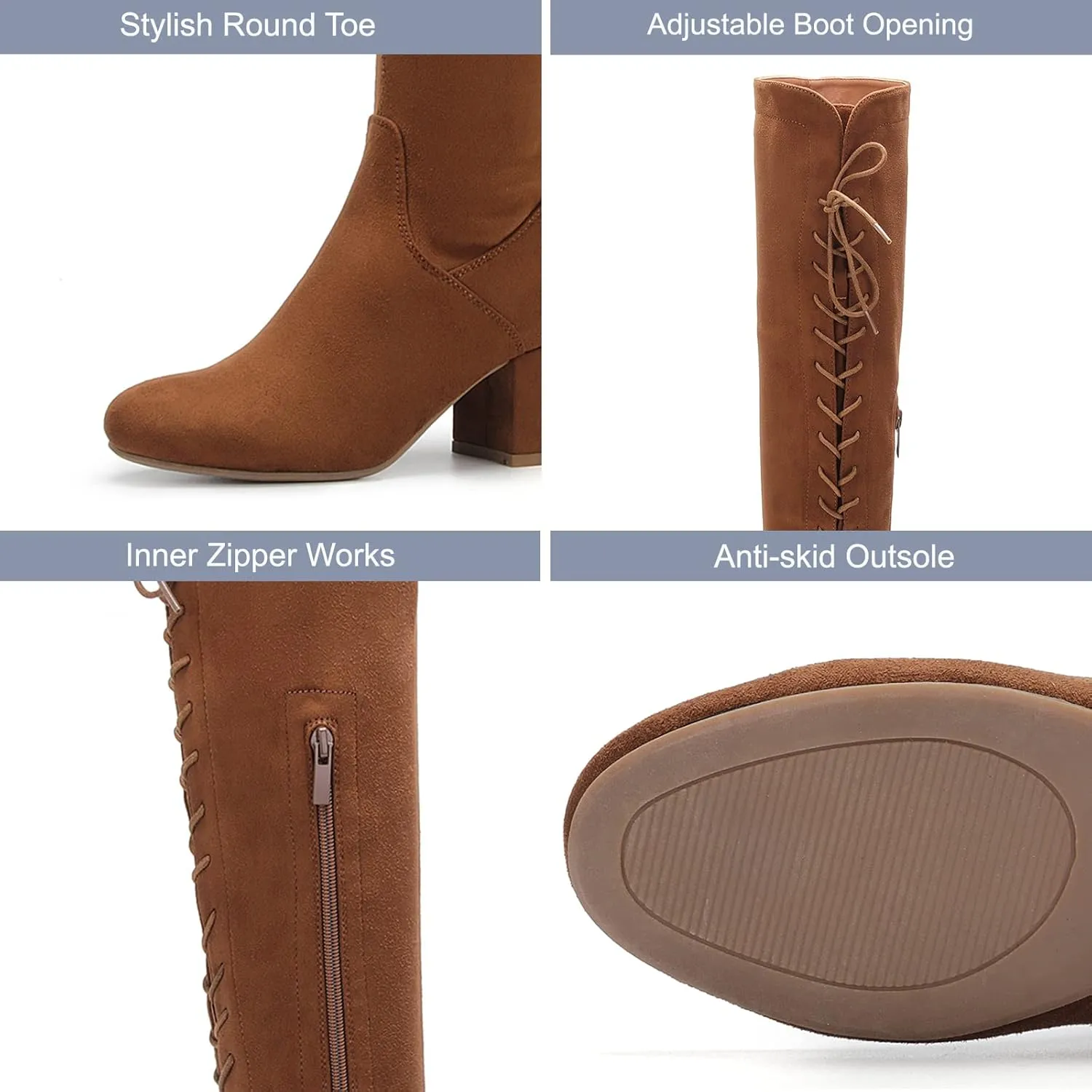 EETTARO Women's Over The Knee Boot Thigh High Block Heel Stretch Boots Fashion Side Zip Almond Toe Winter Booties