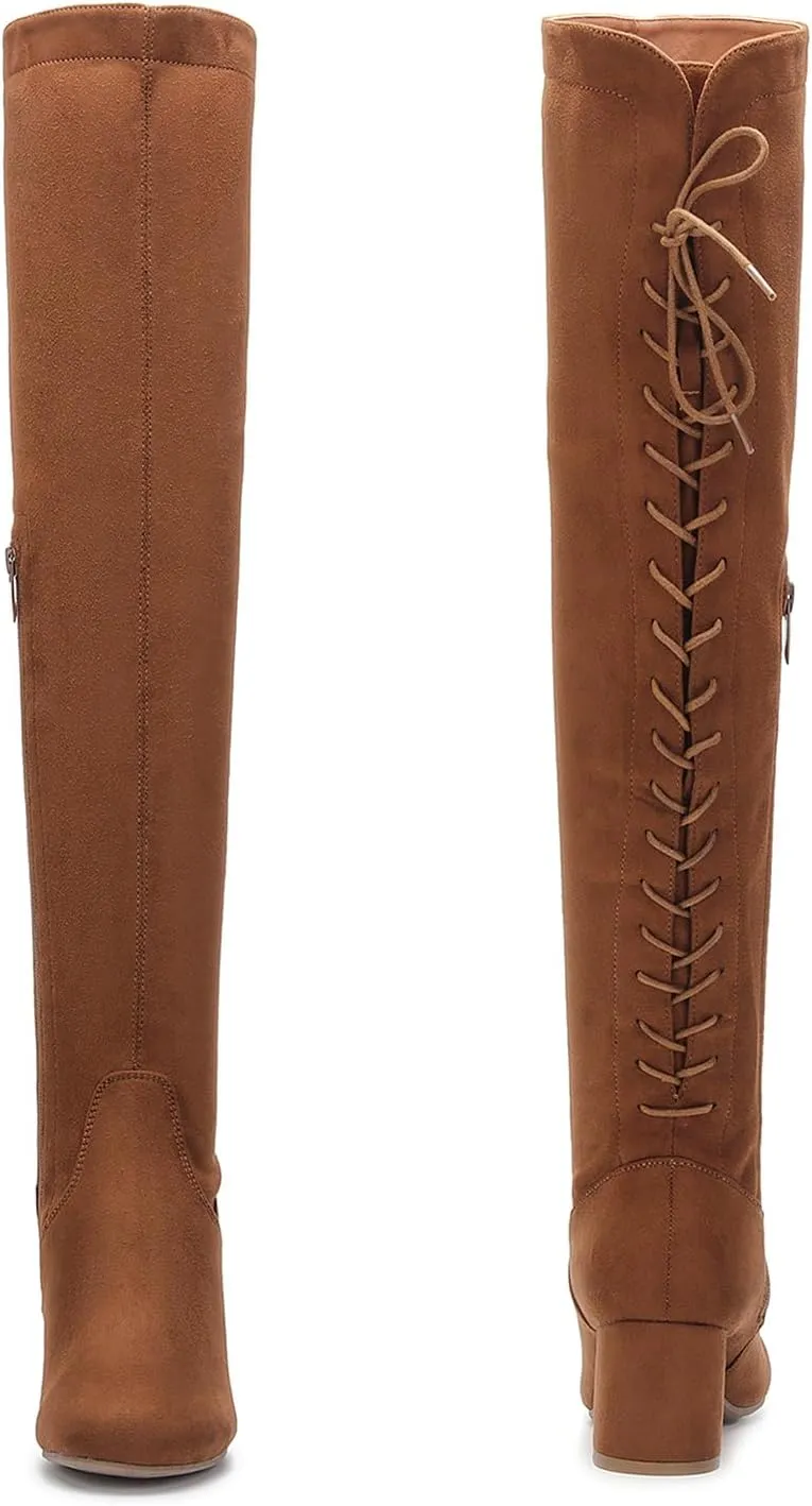 EETTARO Women's Over The Knee Boot Thigh High Block Heel Stretch Boots Fashion Side Zip Almond Toe Winter Booties