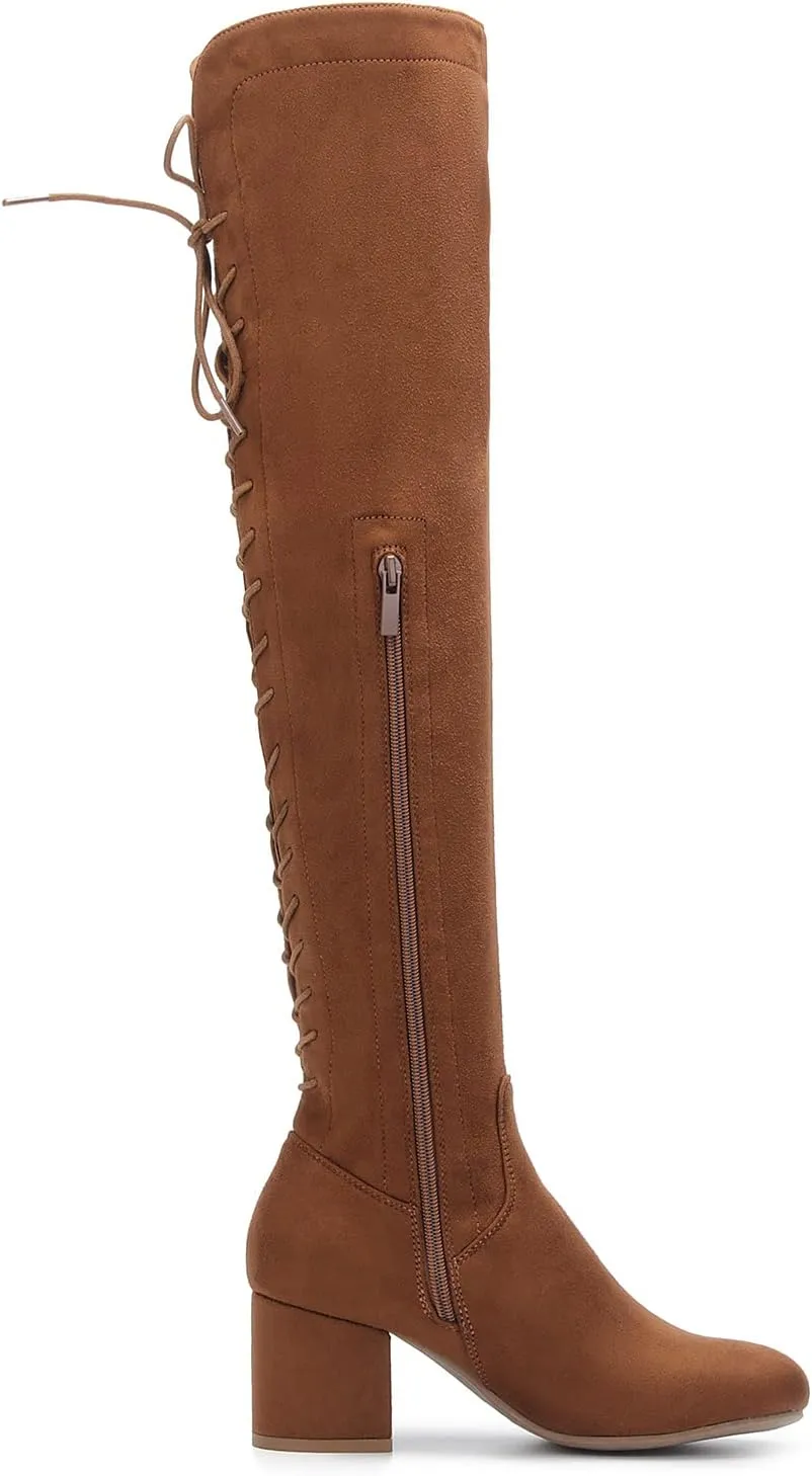 EETTARO Women's Over The Knee Boot Thigh High Block Heel Stretch Boots Fashion Side Zip Almond Toe Winter Booties