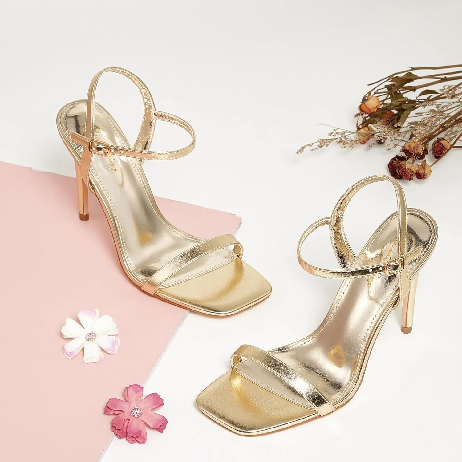 Elisabet Tang Women's High Heeled Sandals 4 Inch Strappy Sling Back Stiletto Open Square Toe Heels with Ankle Straps at Wedding Party Prom Work Dating