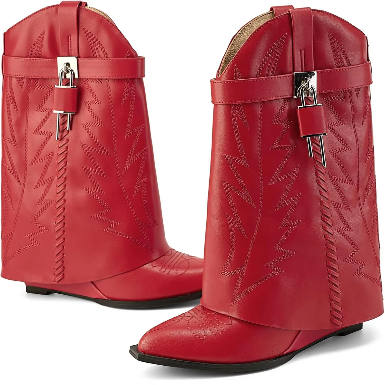 Embroidered Fold Over Over Wide Calf Wedge Pull-On Pointed Toe Western Cowgirl Floral Printing Booties for Women