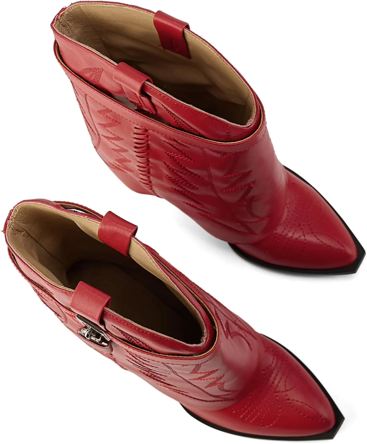 Embroidered Fold Over Over Wide Calf Wedge Pull-On Pointed Toe Western Cowgirl Floral Printing Booties for Women