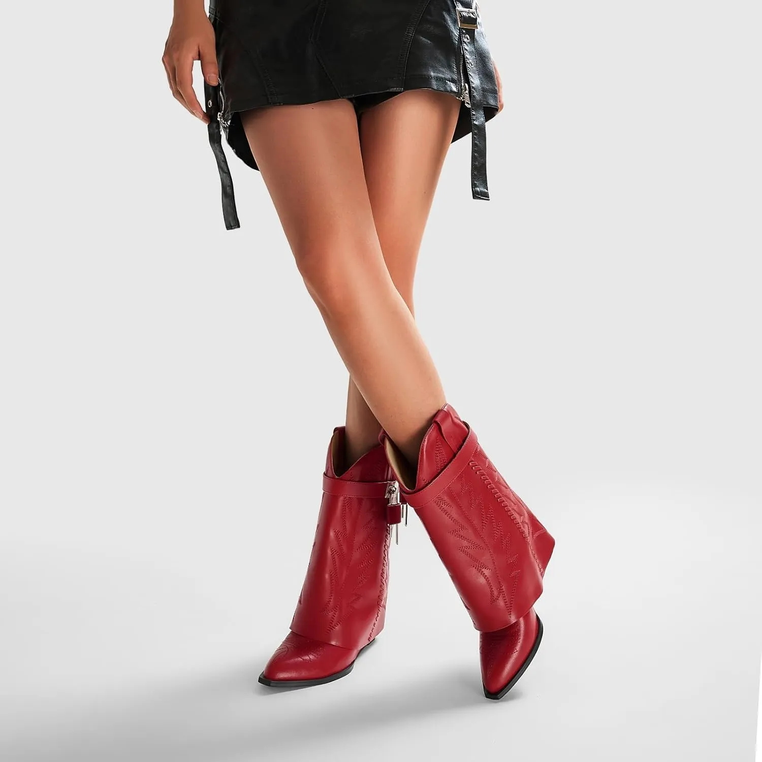 Embroidered Fold Over Over Wide Calf Wedge Pull-On Pointed Toe Western Cowgirl Floral Printing Booties for Women