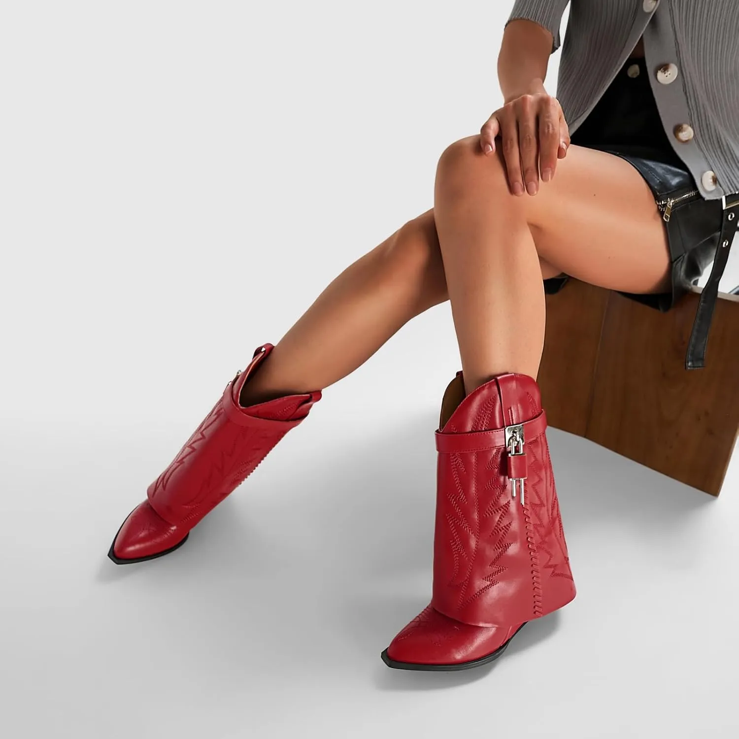 Embroidered Fold Over Over Wide Calf Wedge Pull-On Pointed Toe Western Cowgirl Floral Printing Booties for Women