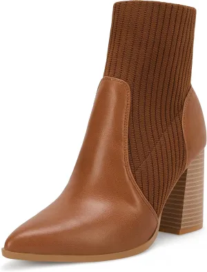 Ermonn Womens Pointed Toe High Heels Ankle Boots Zipper Block Chunky Heel Knit Elastic Fall Winter Dressy Booties