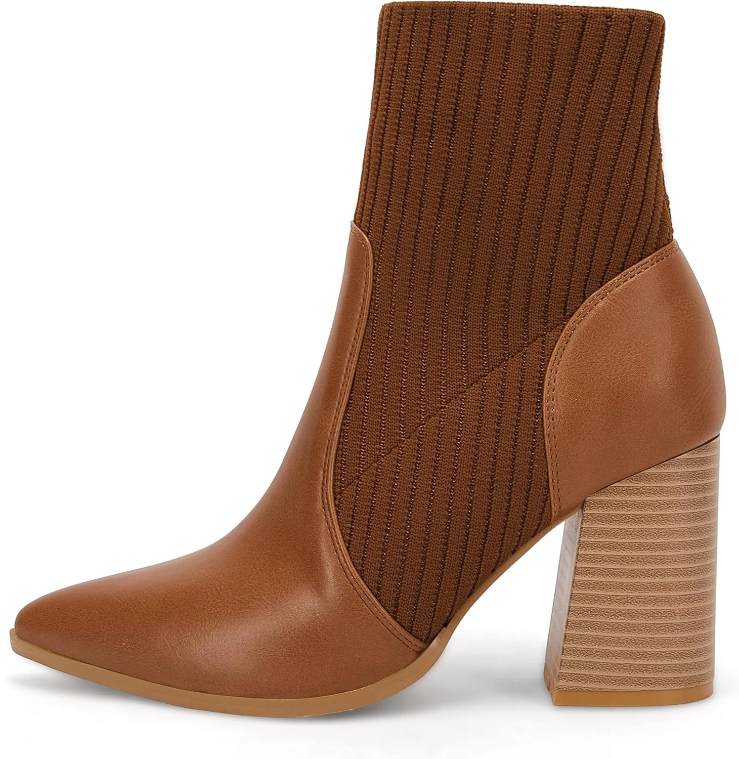 Ermonn Womens Pointed Toe High Heels Ankle Boots Zipper Block Chunky Heel Knit Elastic Fall Winter Dressy Booties