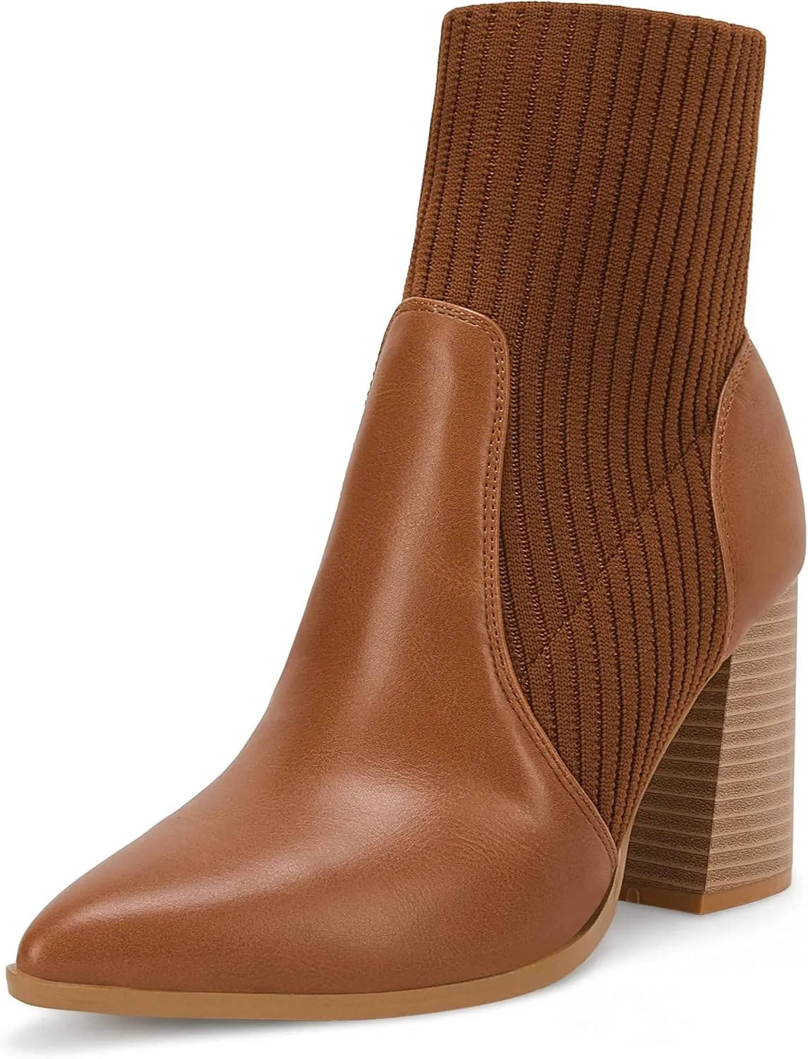 Ermonn Womens Pointed Toe High Heels Ankle Boots Zipper Block Chunky Heel Knit Elastic Fall Winter Dressy Booties